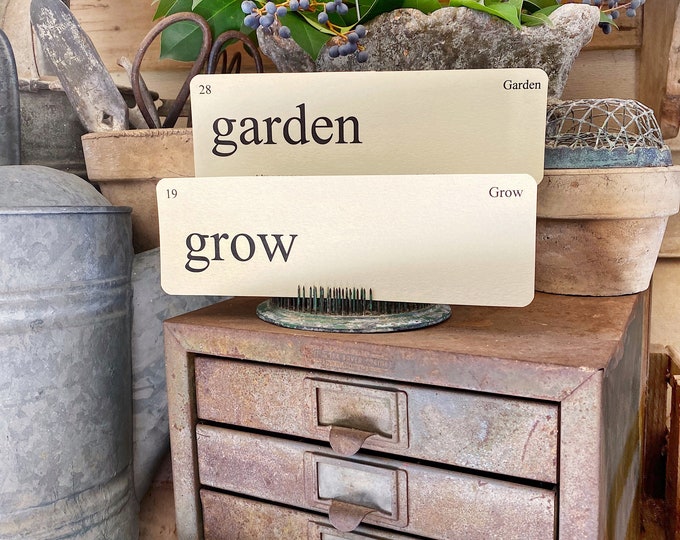 Featured listing image: GARDEN Flash Cards LARGE Vintage Inspired Word Flashcard SET Of 8 Farmhouse Decor Spring Bloom Grow Flower Seeds