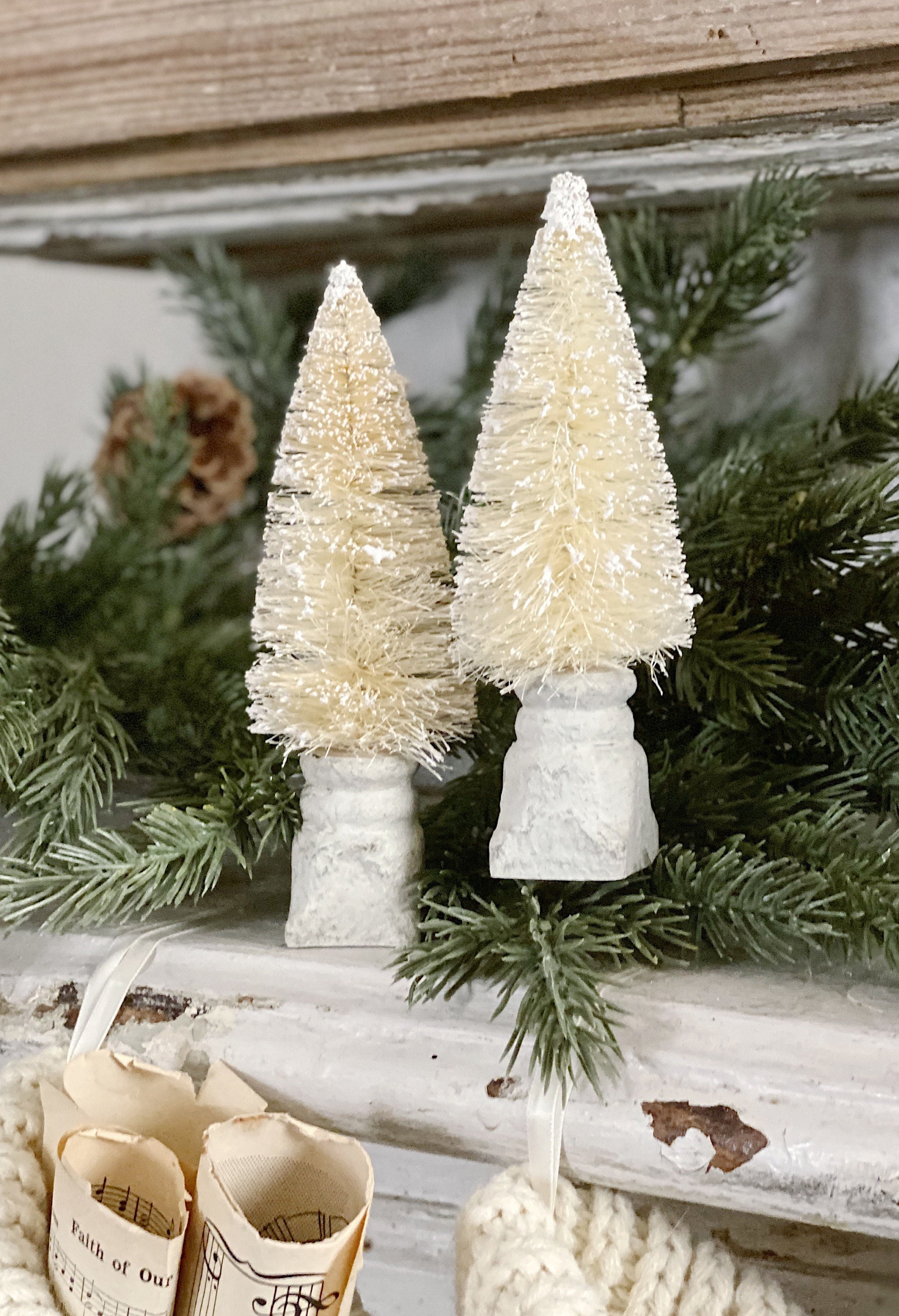 Christmas Bottle Brush Tree Salvaged Wood Base WHITE Flocked Tree