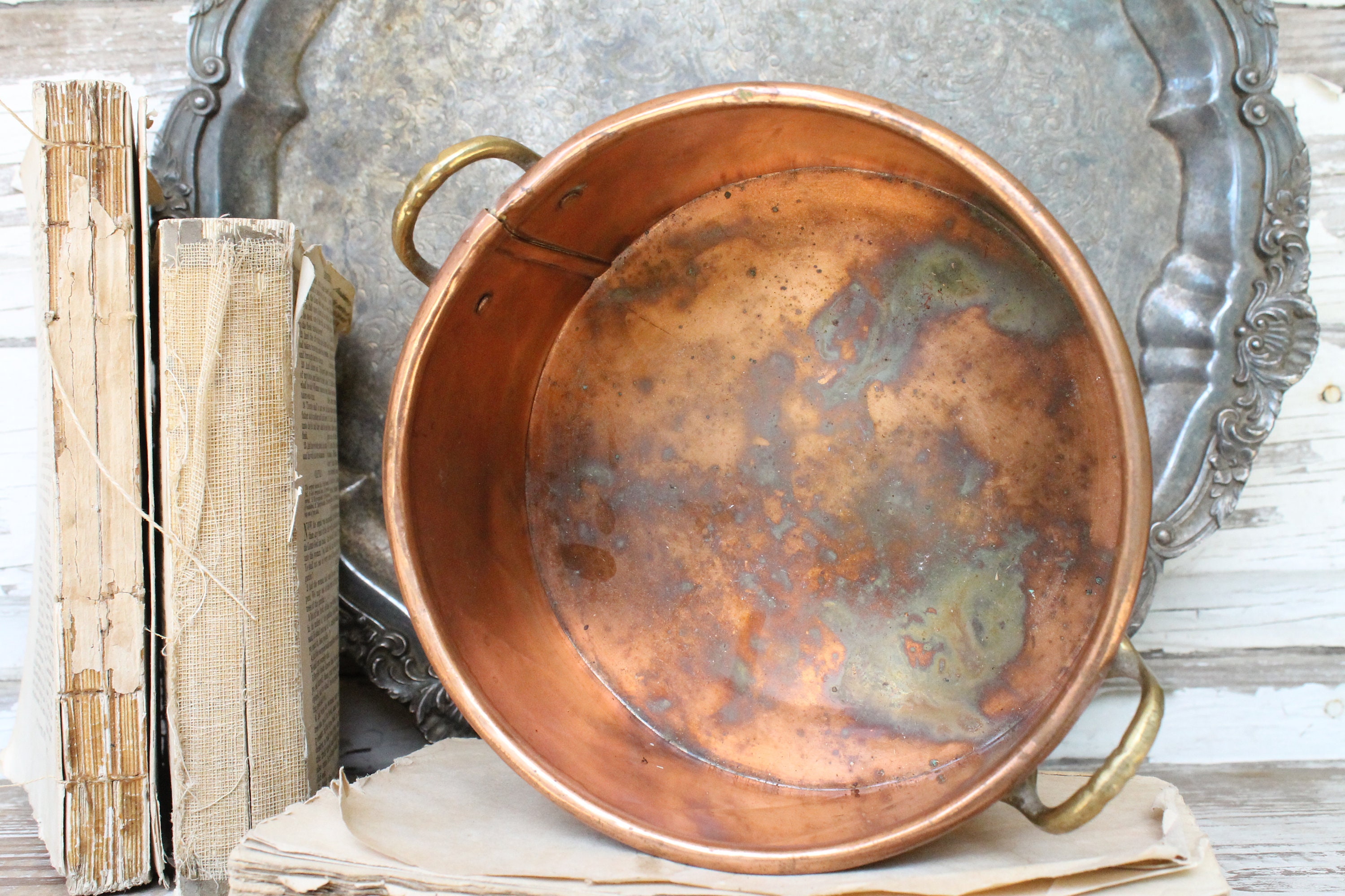 Antique Copper Bowl with Brass Handles Farmhouse Decor Fixer Upper Decor Vintage Copper Pot