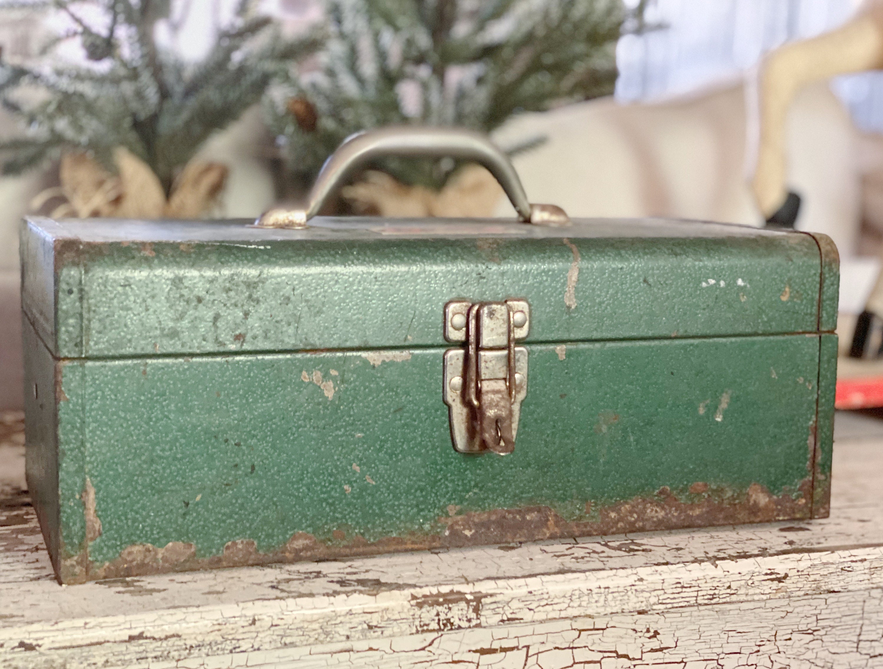 Vintage Metal GREEN Tool Box Farmhouse Decor Industrial Salvage