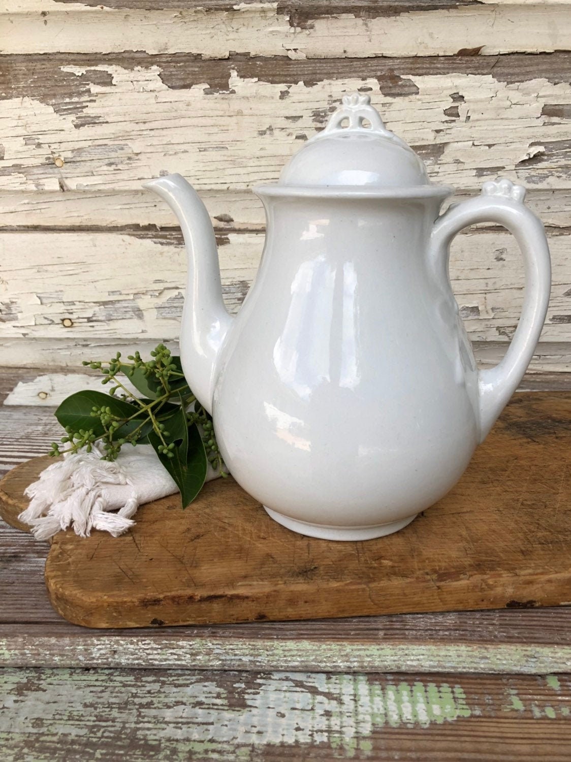 Antique White Ironstone BURGESS Tea Pitcher Kettle Pot Farmhouse Decor