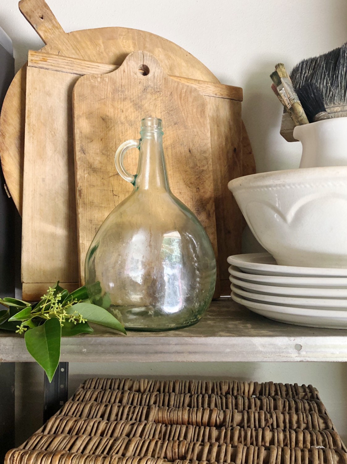 Antique Glass Demi John Bottle GREEN Farmhouse DECOR Jug