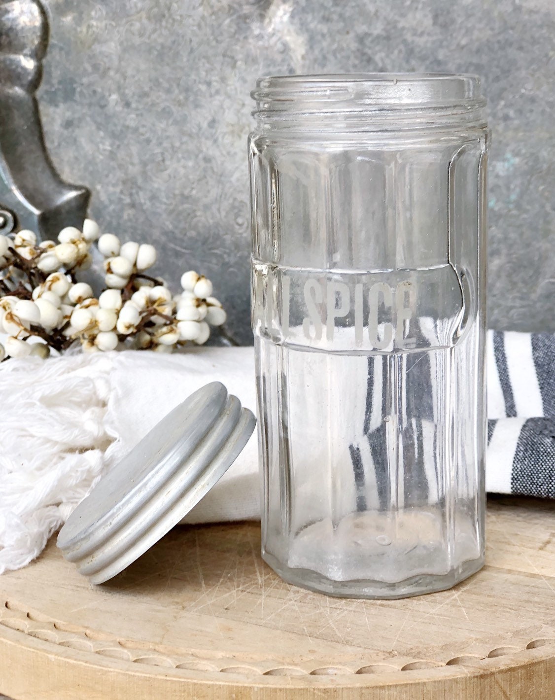 Antique Glass ALL SPICE JAR Silver Etched Farmhouse Decor Fixer Upper Decor