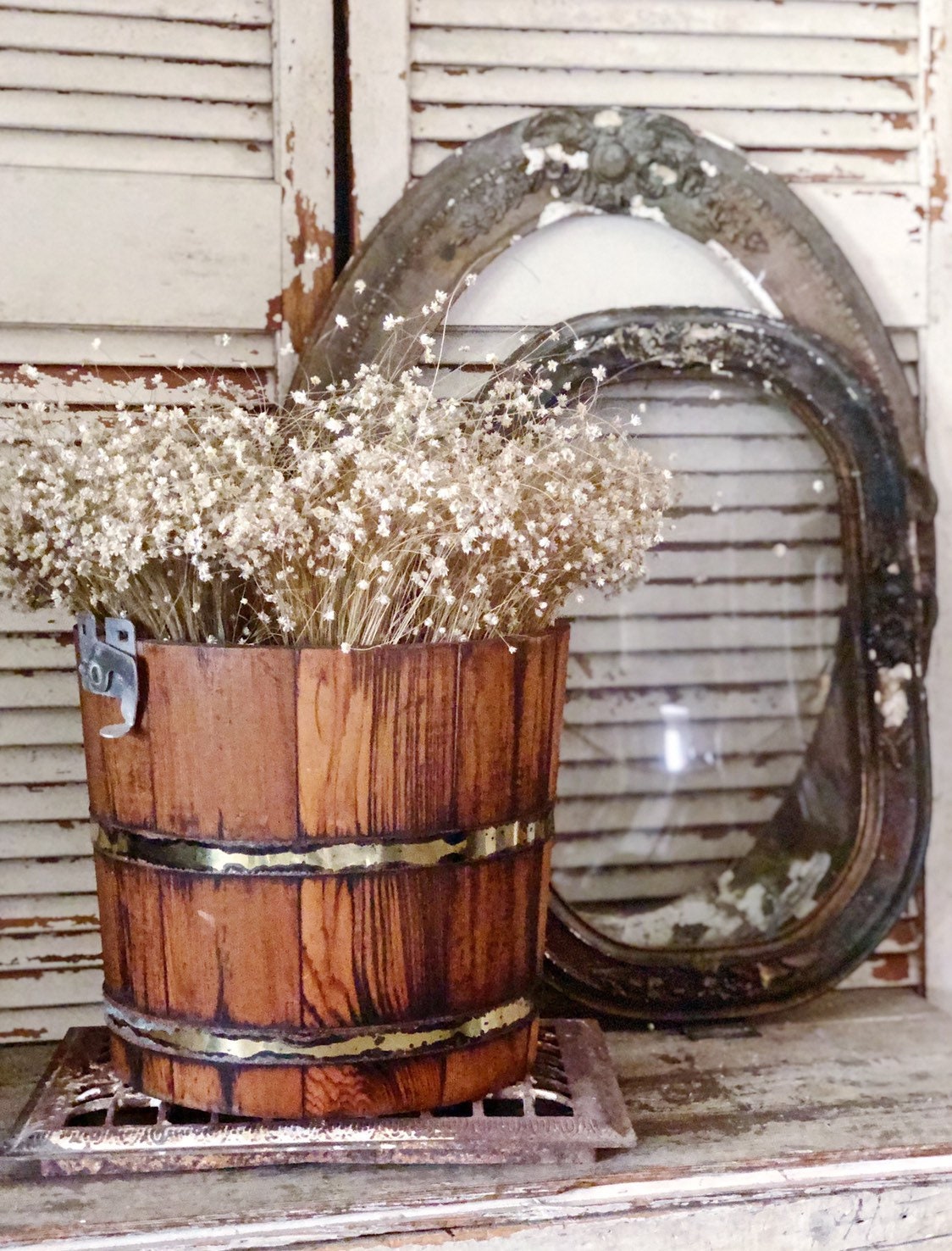 Vintage Wood Ice Cream Bucket Barrel Planter Primitive Fall Farmhouse