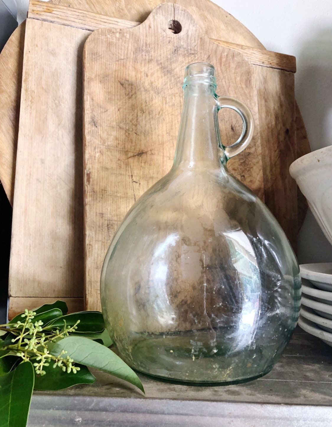 Antique Glass Demi John Bottle GREEN Farmhouse DECOR Jug