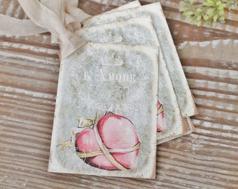 Valentine Vintage Gift Tags L Amore PINK Heart French Roses Farmhouse Decor Card  Shabby