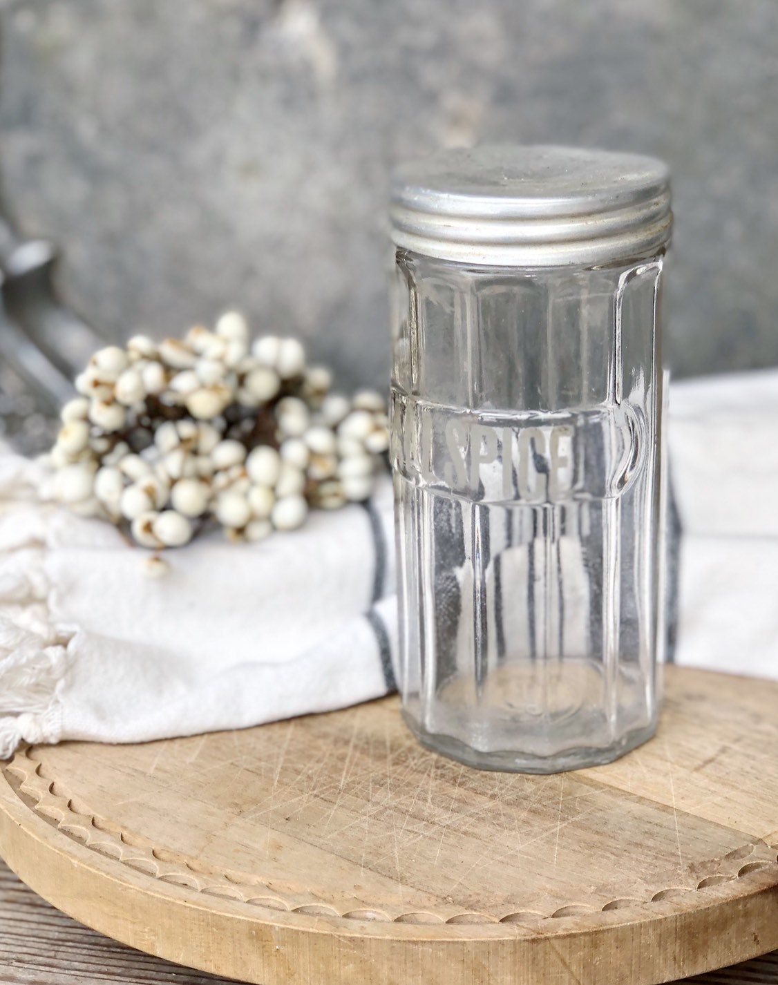 Antique Glass ALL SPICE JAR Silver Etched Farmhouse Decor Fixer Upper Decor