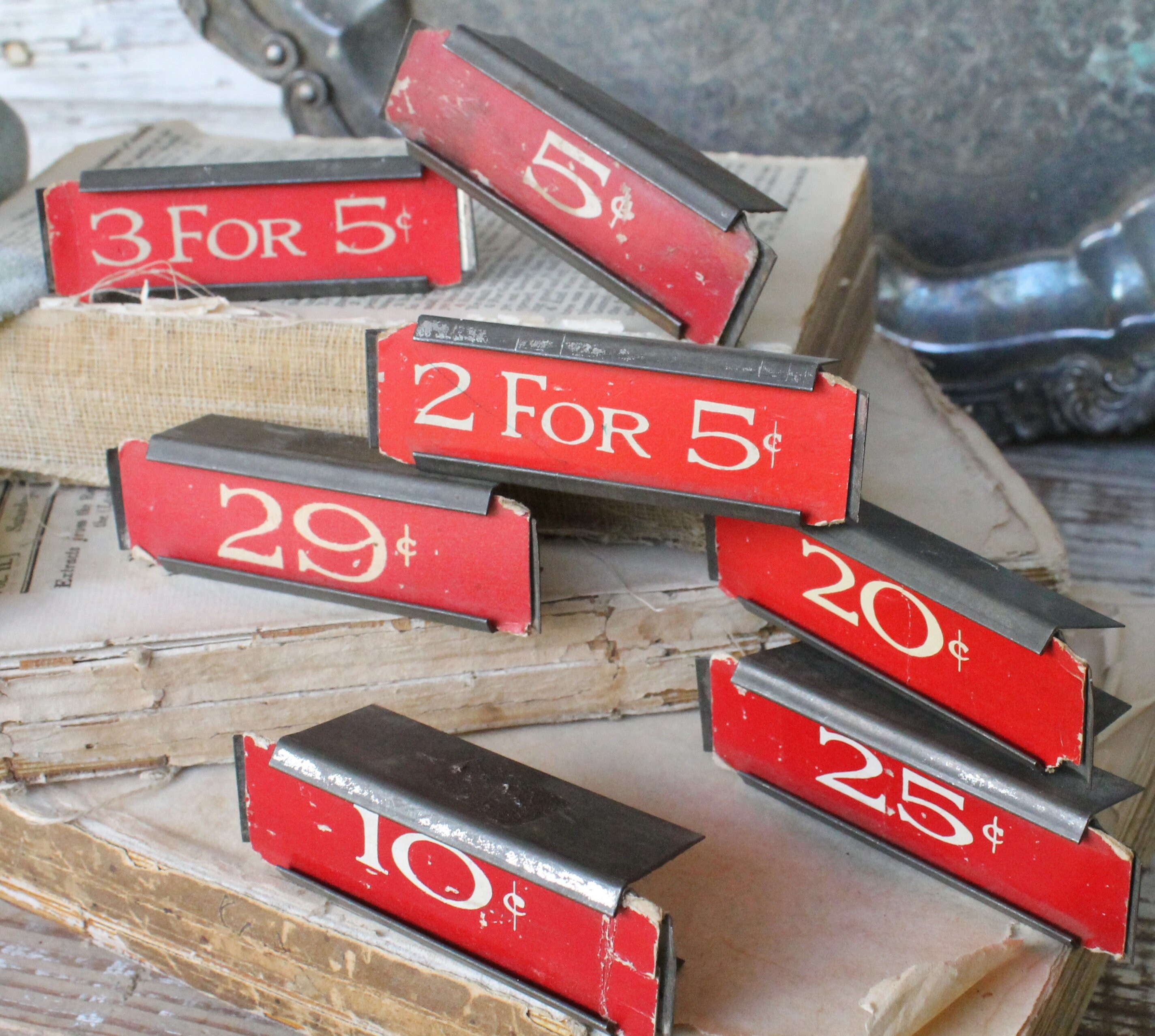 Vintage Metal Price Tag Holder RED Mercantile Shelf Clip Numbers