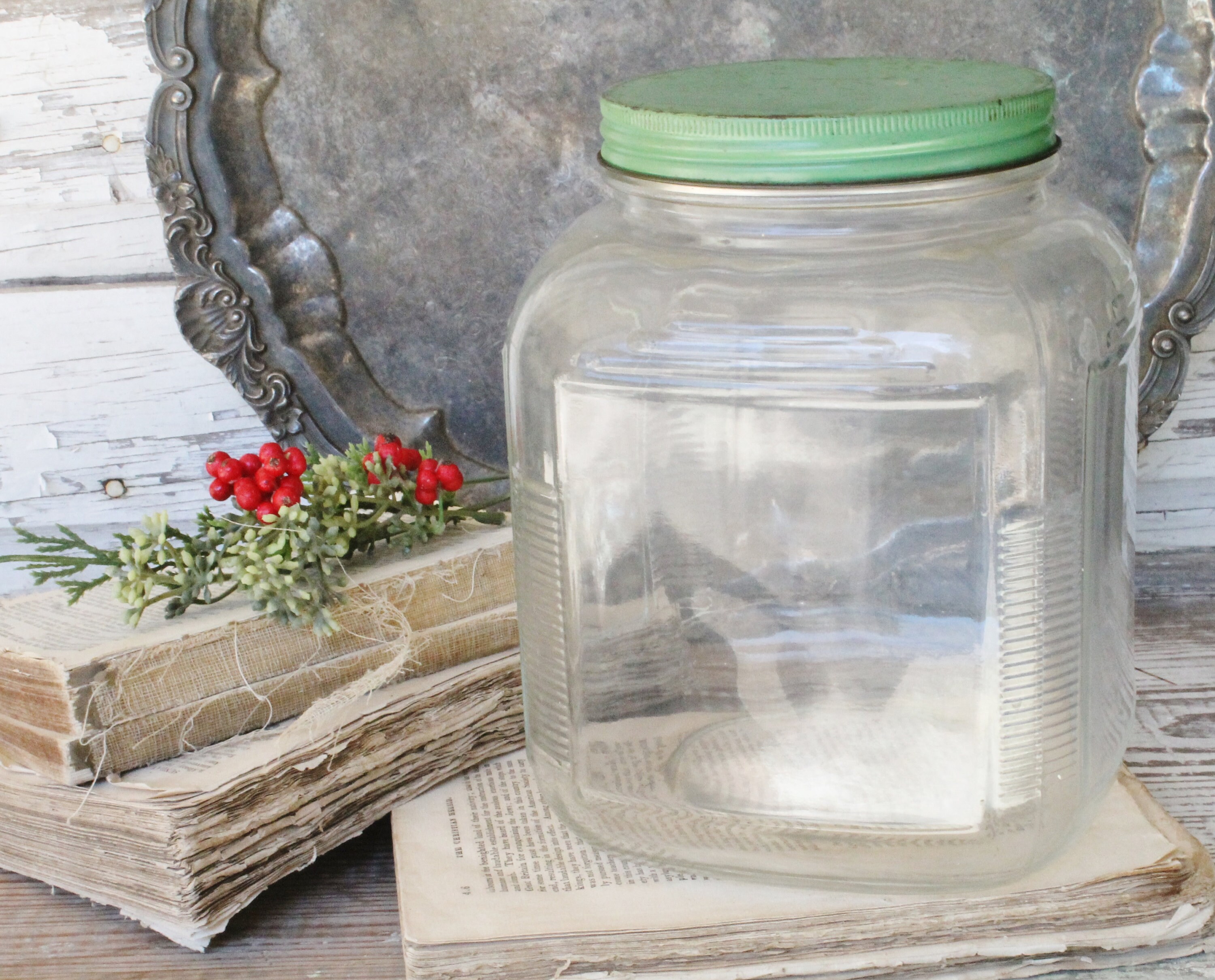 Vintage HOOSIER Glass Jar with GREEN Lid Container Farmhouse Decor