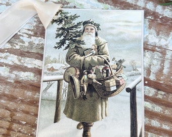 Christmas Vintage Gift Tags GREEN SANTA with TREE Bag Toys Farmhouse Christmas Decor Card French Shabby Gift Wrap Swedish God Jul