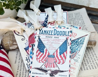 PATRIOTIC SHEET MUSIC Book Cover Vintage Gift Tags Americana Farmhouse Decor Card Set of 8 usa Flag