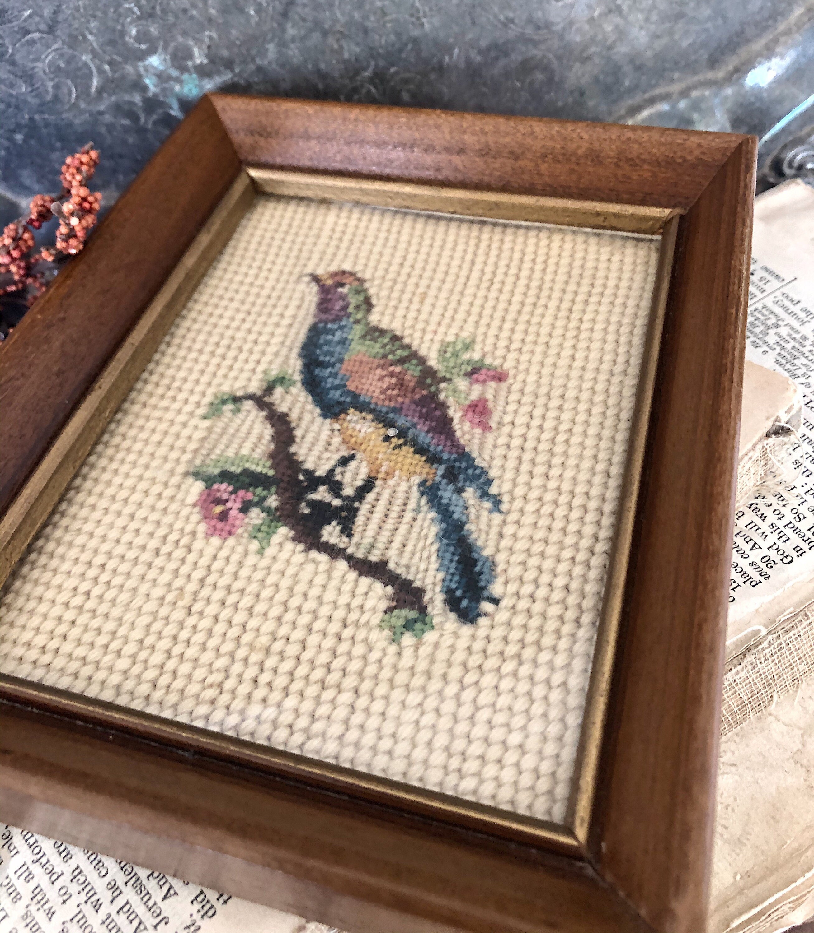 Antique Needlepoint Framed Yarn Wall Hanging Wool Farmhouse Decor Bird
