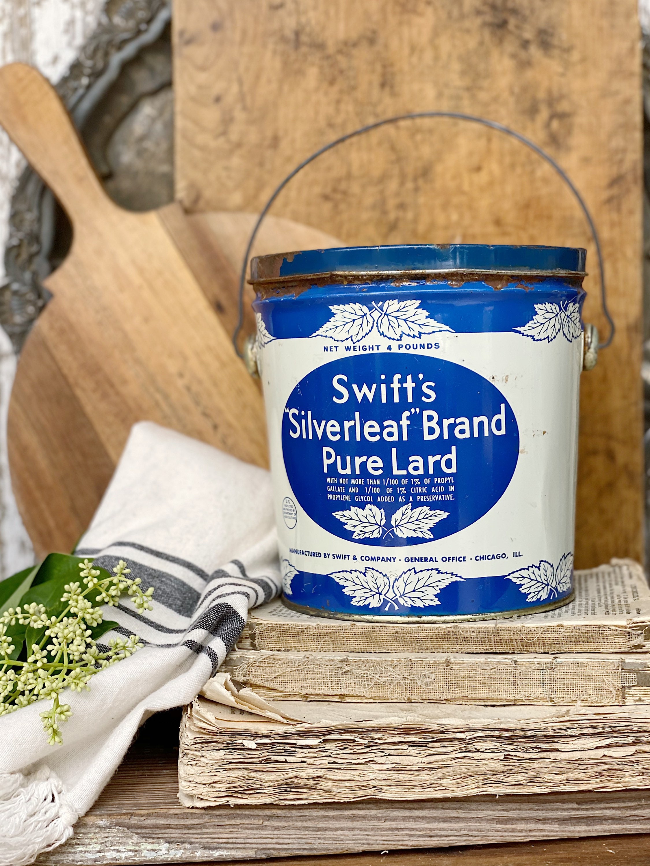 Antique SWIFTS SILVERLEAF Pure Lard Bucket Pail BLUE Galvanized Metal