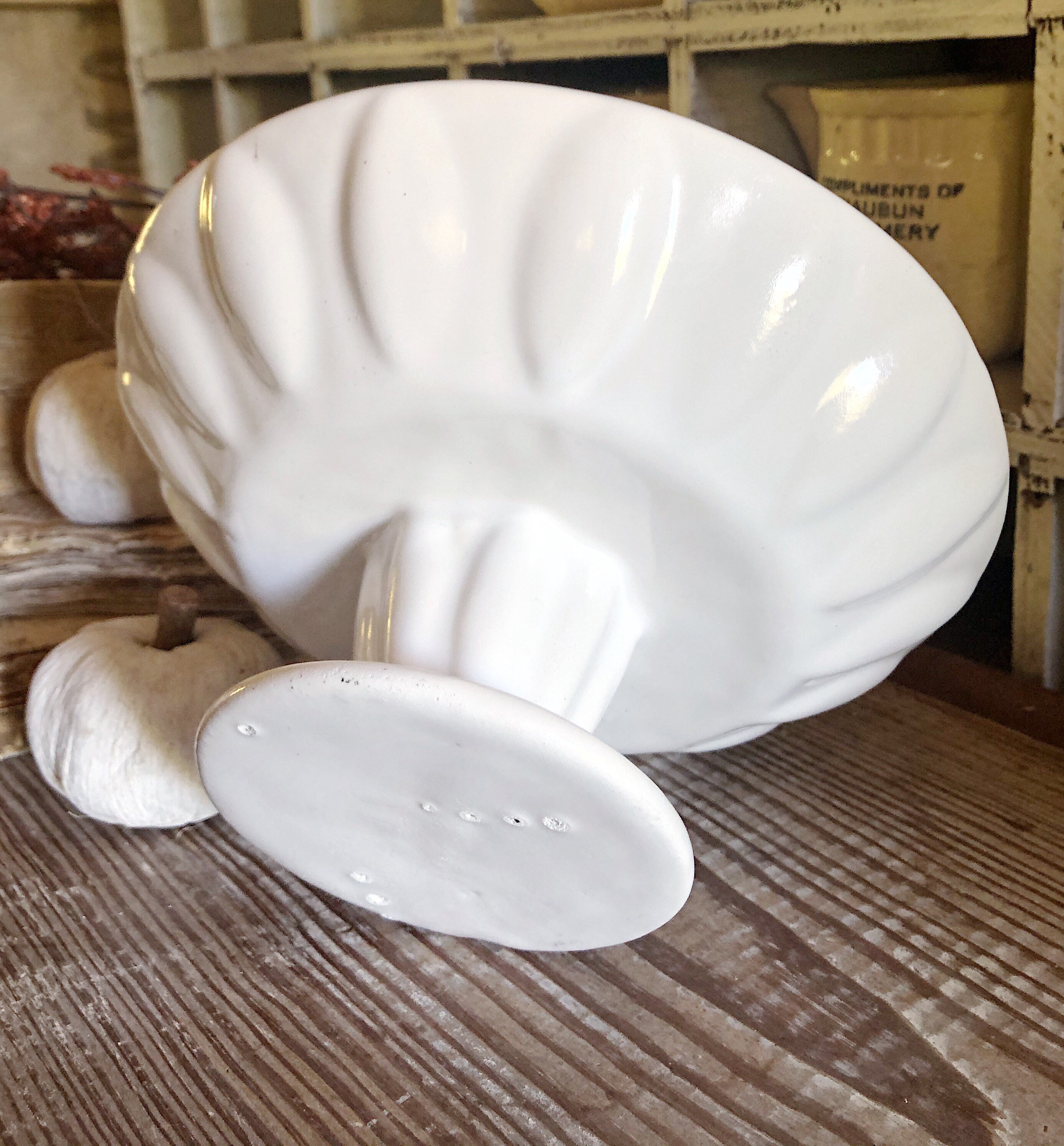 Vintage White Compote Ribbed Footed Bowl Farmhouse Decor