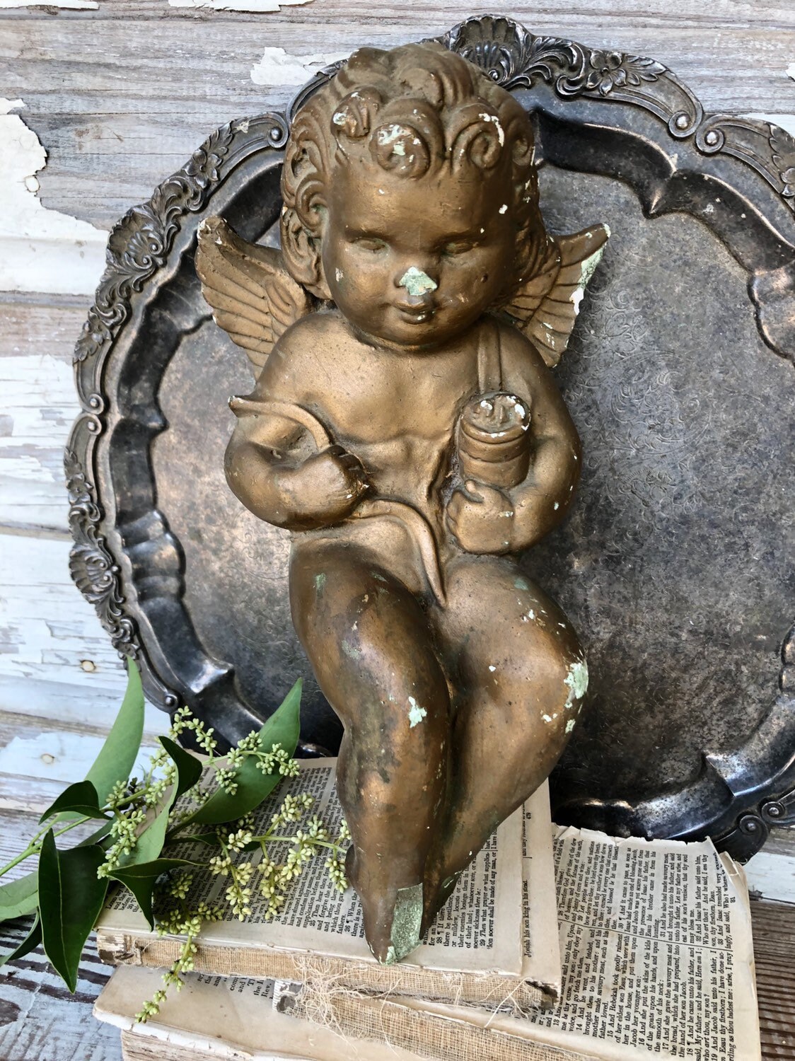 Vintage Cherub Statue Wall Hanging Farmhouse Decor Fixer Upper Decor Cement