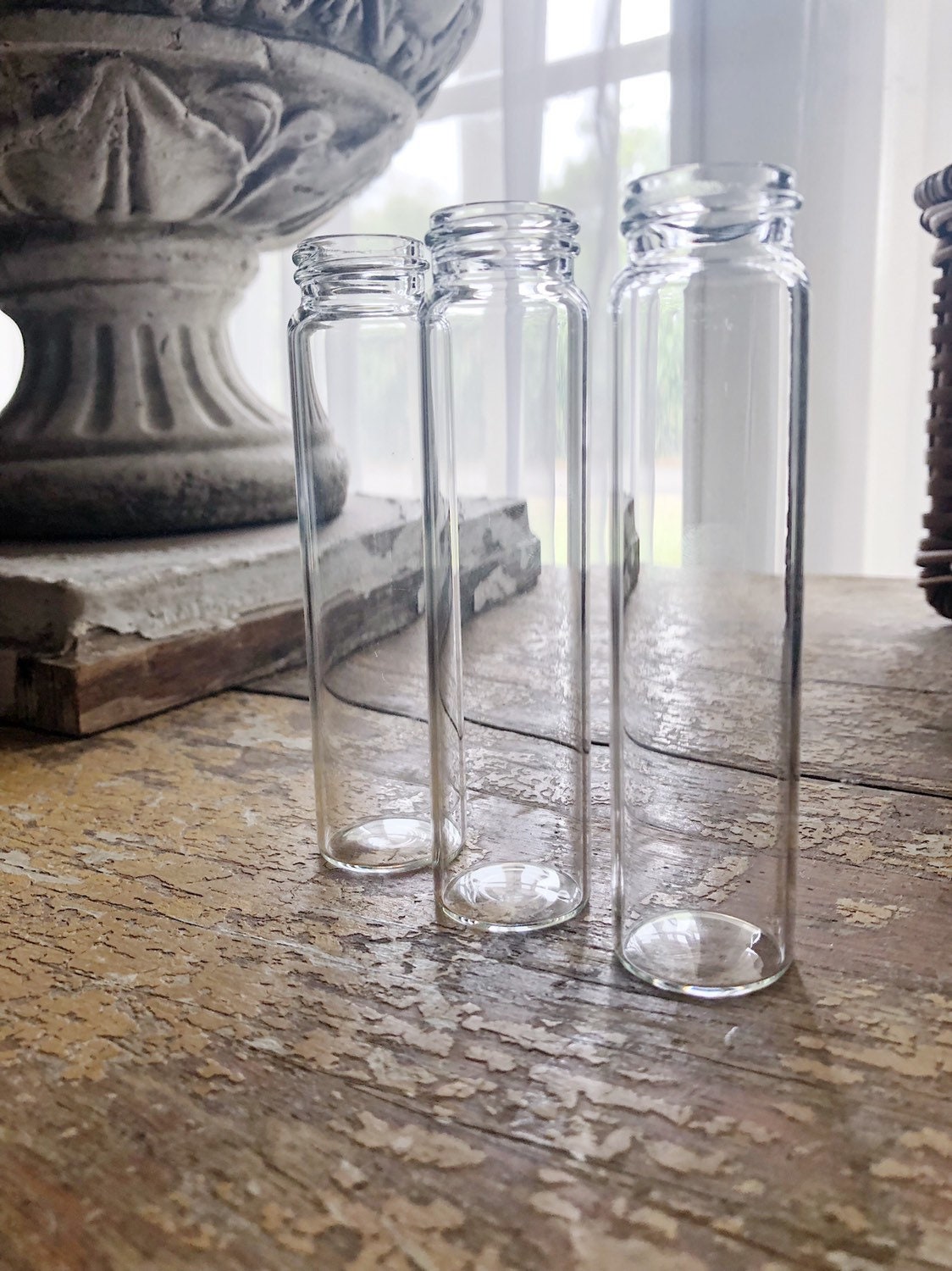 Vintage Glass Vial Bottles SET of 6 French Bud Vase Farmhouse Garden Decor Clear Craft Supplies