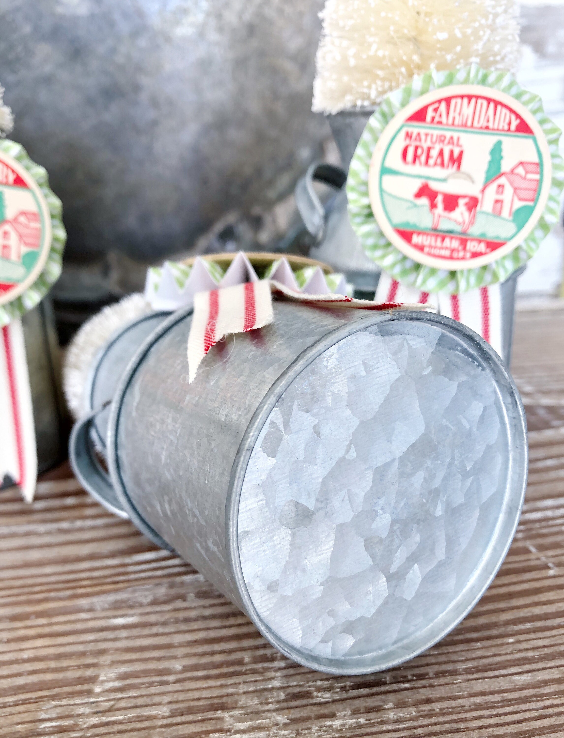 Christmas Bottle Brush Tree WHITE Flocked Galvanized Milk Can Jug VINTAGE Milk Cap Farmhouse