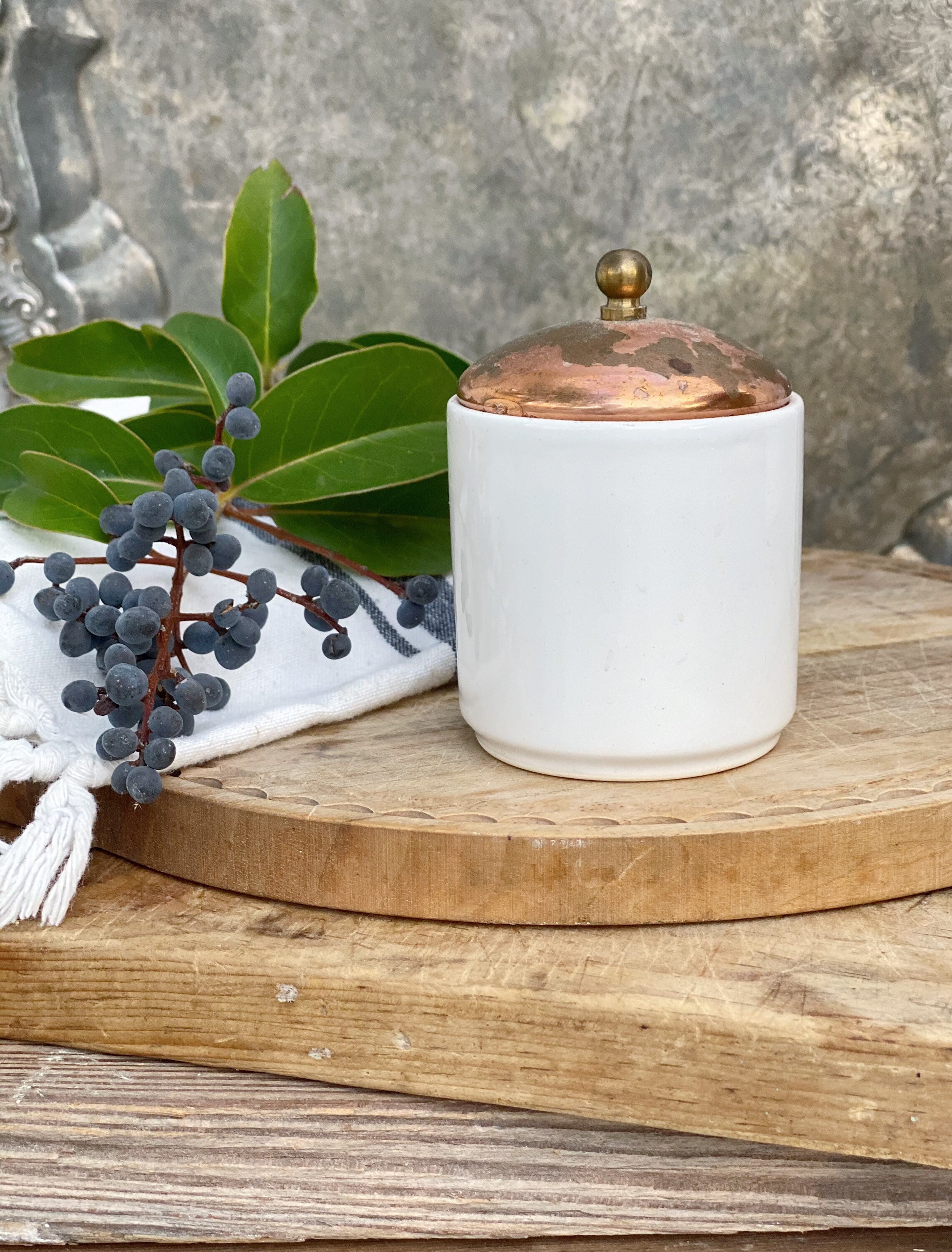 Vintage Ironstone Mustard Crock Jar With Copper Lid Caviar Pot Jar Bowl