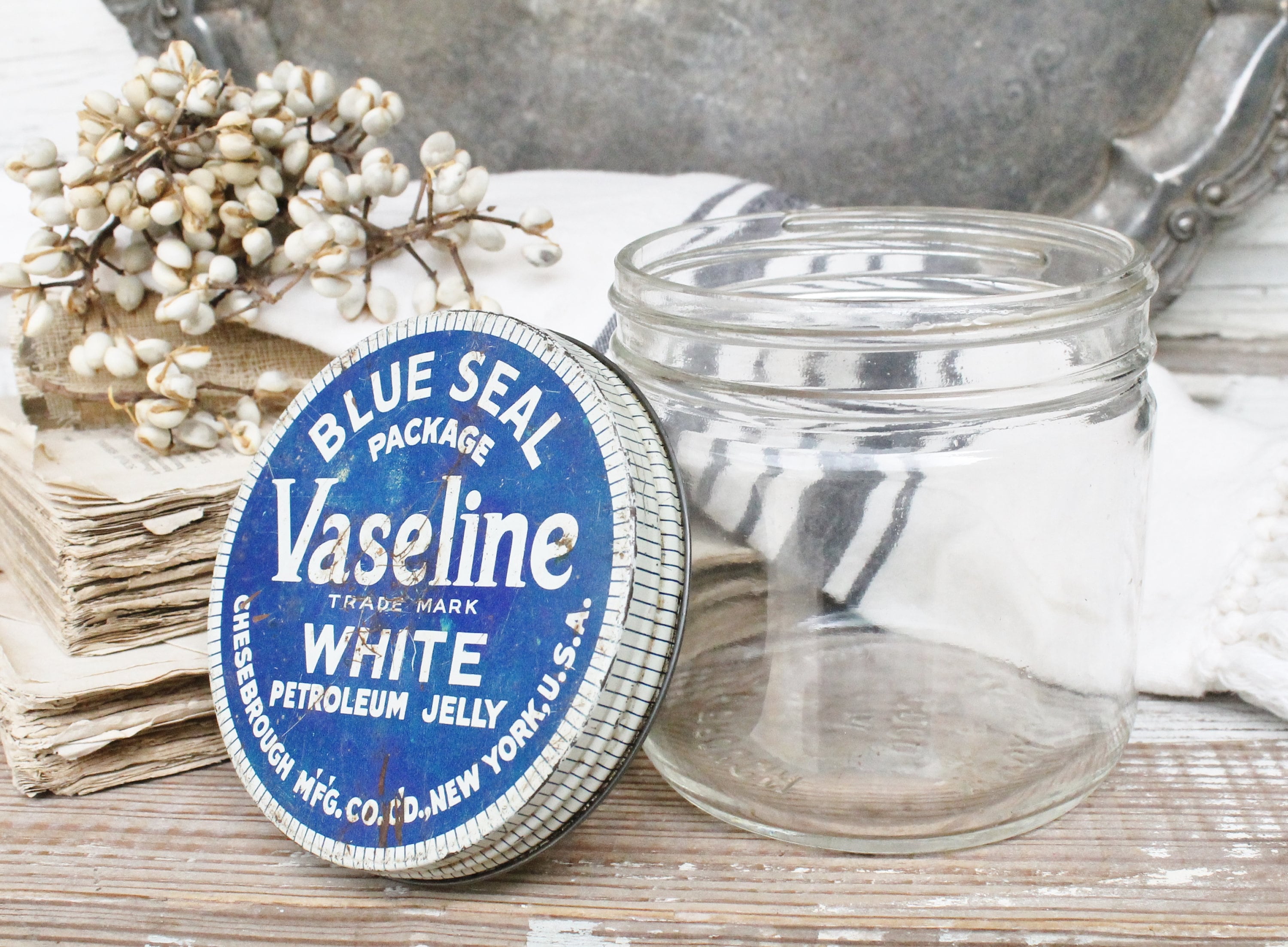 Vintage VASELINE Glass Jar with Lid BLUE SEAL Petroleum Jelly Container