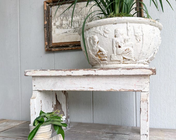 Antique Chippy White Wood Stool Bench, Primitive Farmhouse Garden Decor ...