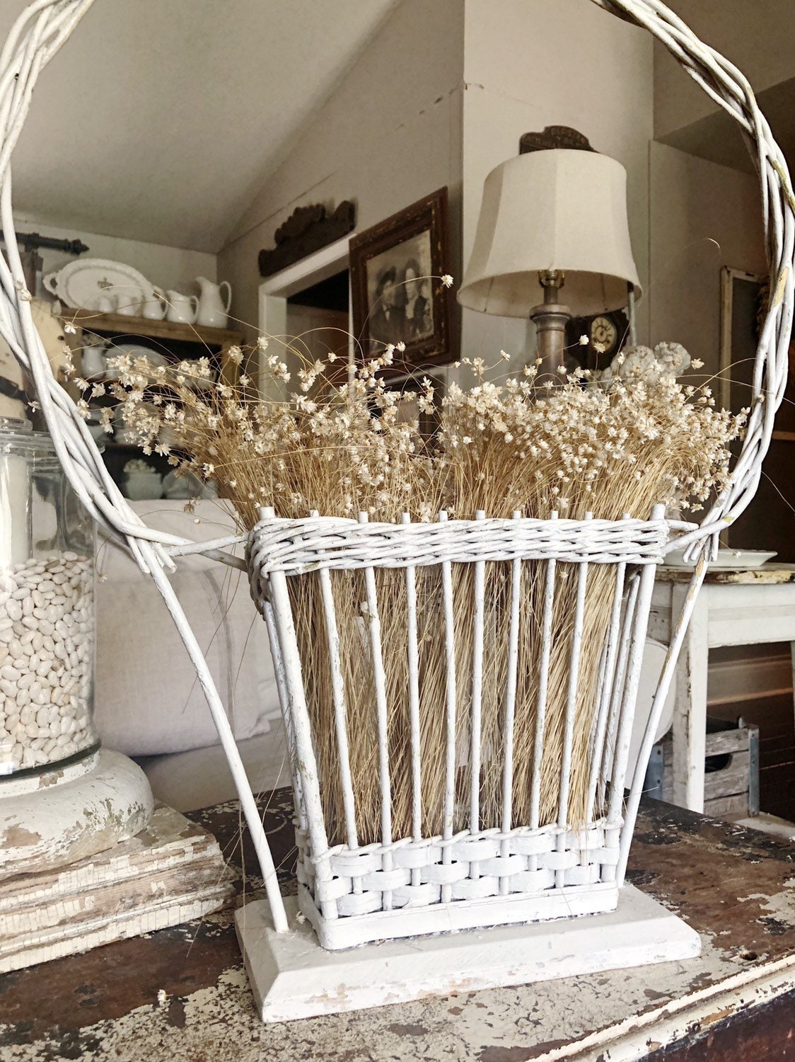 Antique Funeral Basket Chippy White Painted Wicker Basket Farmhouse