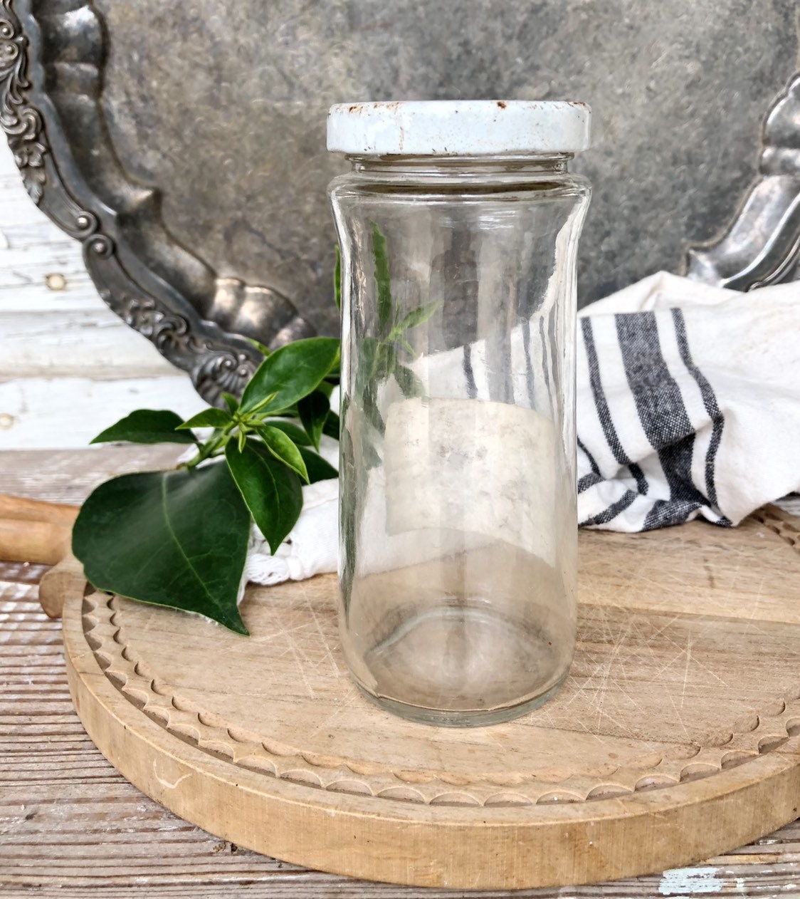 Vintage Chippy White Glass Jar with Lid Metal Container Towie SPANISH