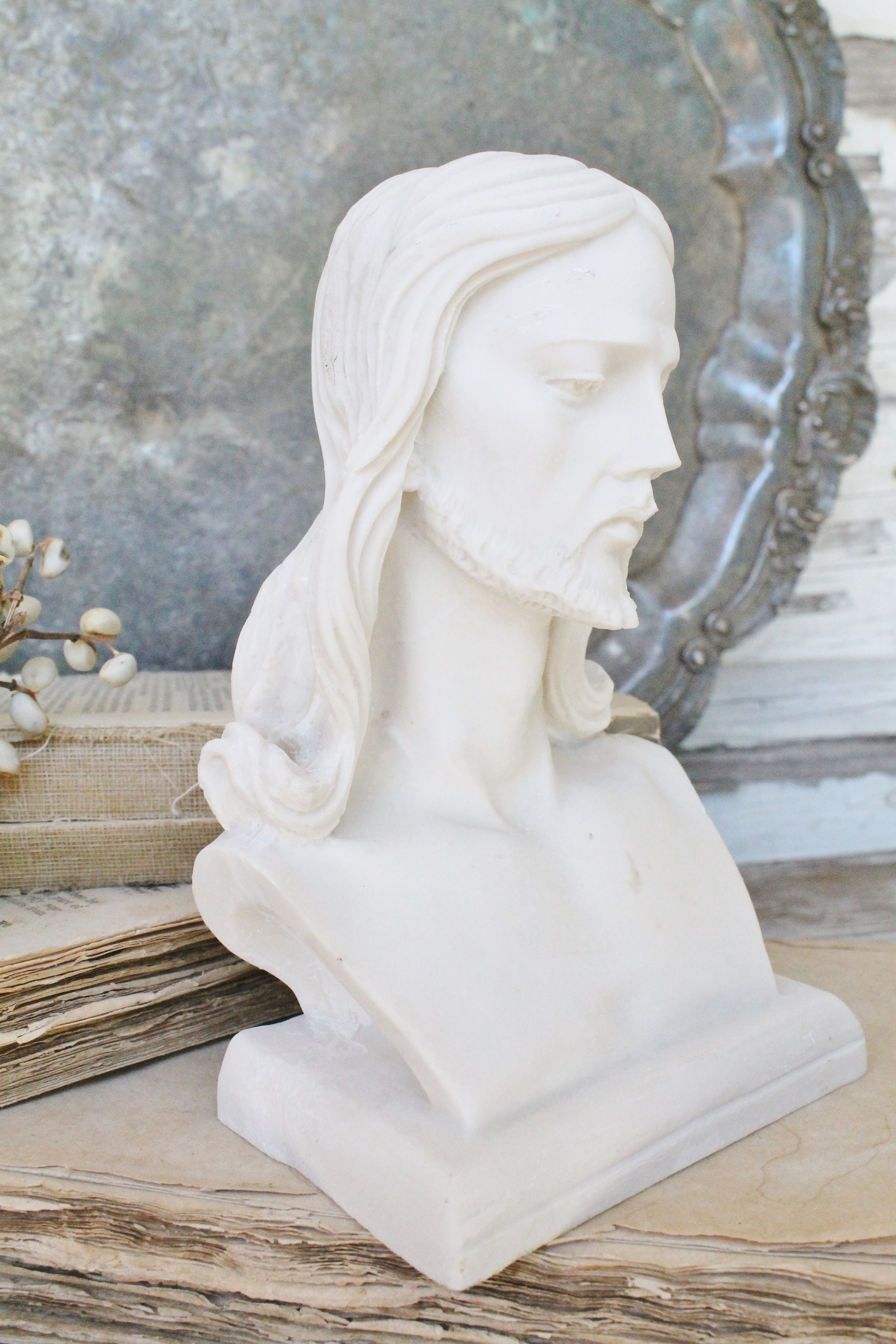 Vintage JESUS Bust Statue White Bisque Religious Farmhouse Decor Fixer Upper Decor Church Salvage
