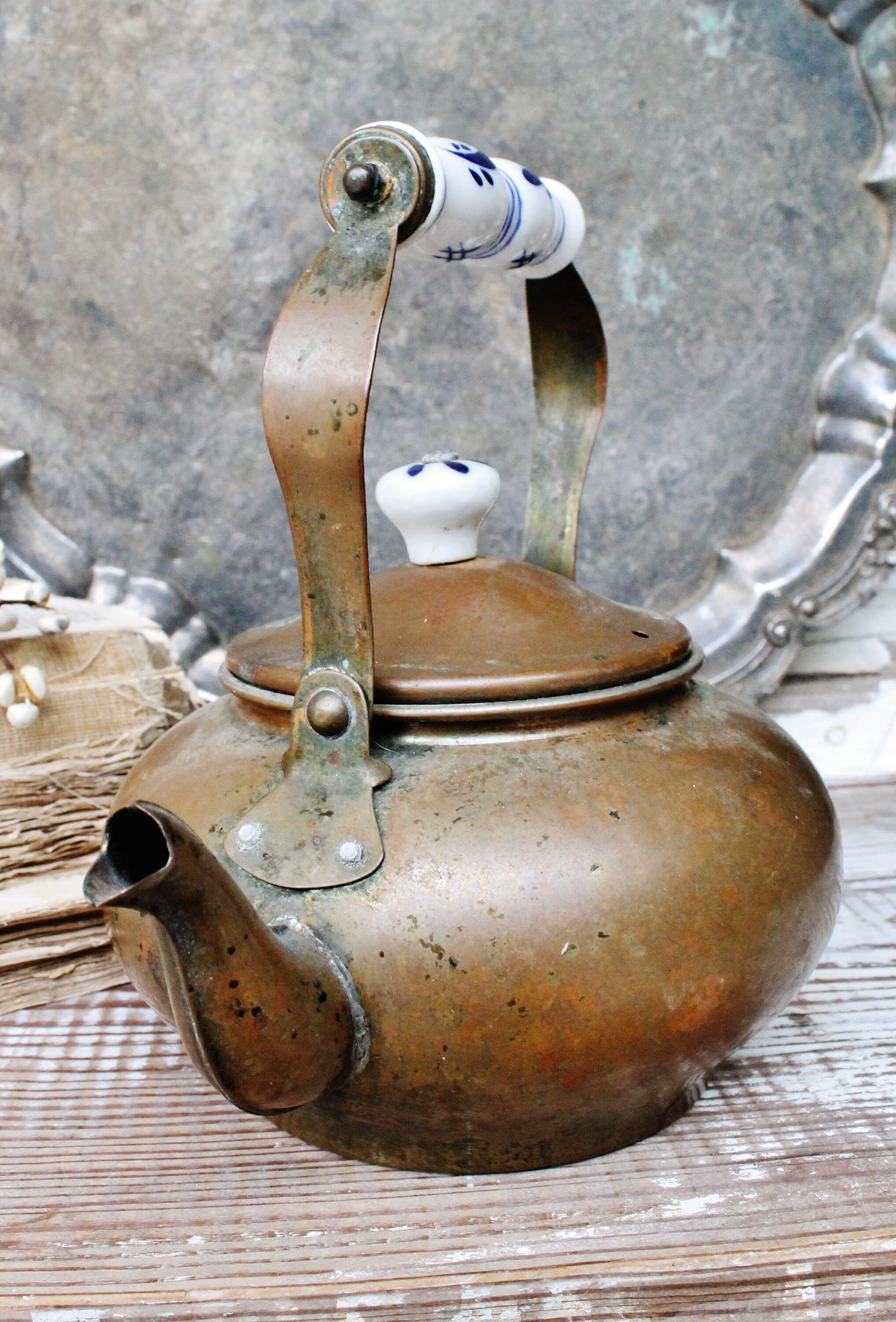 Vintage Copper Tea Pitcher Kettle Blue White Delft Handle French