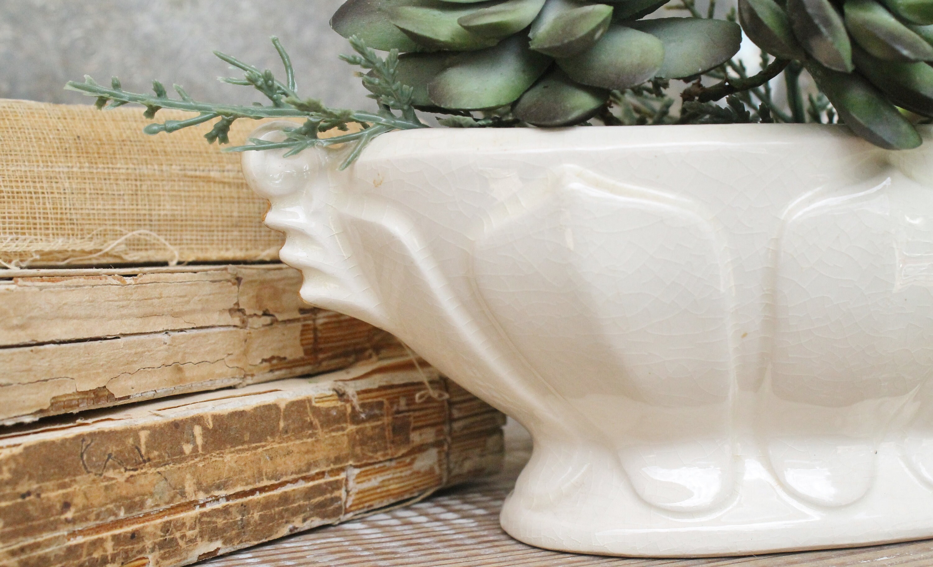Vintage Footed Compote Tureen Bowl Pottery Cream White Farmhouse Decor Fixer Upper Decor