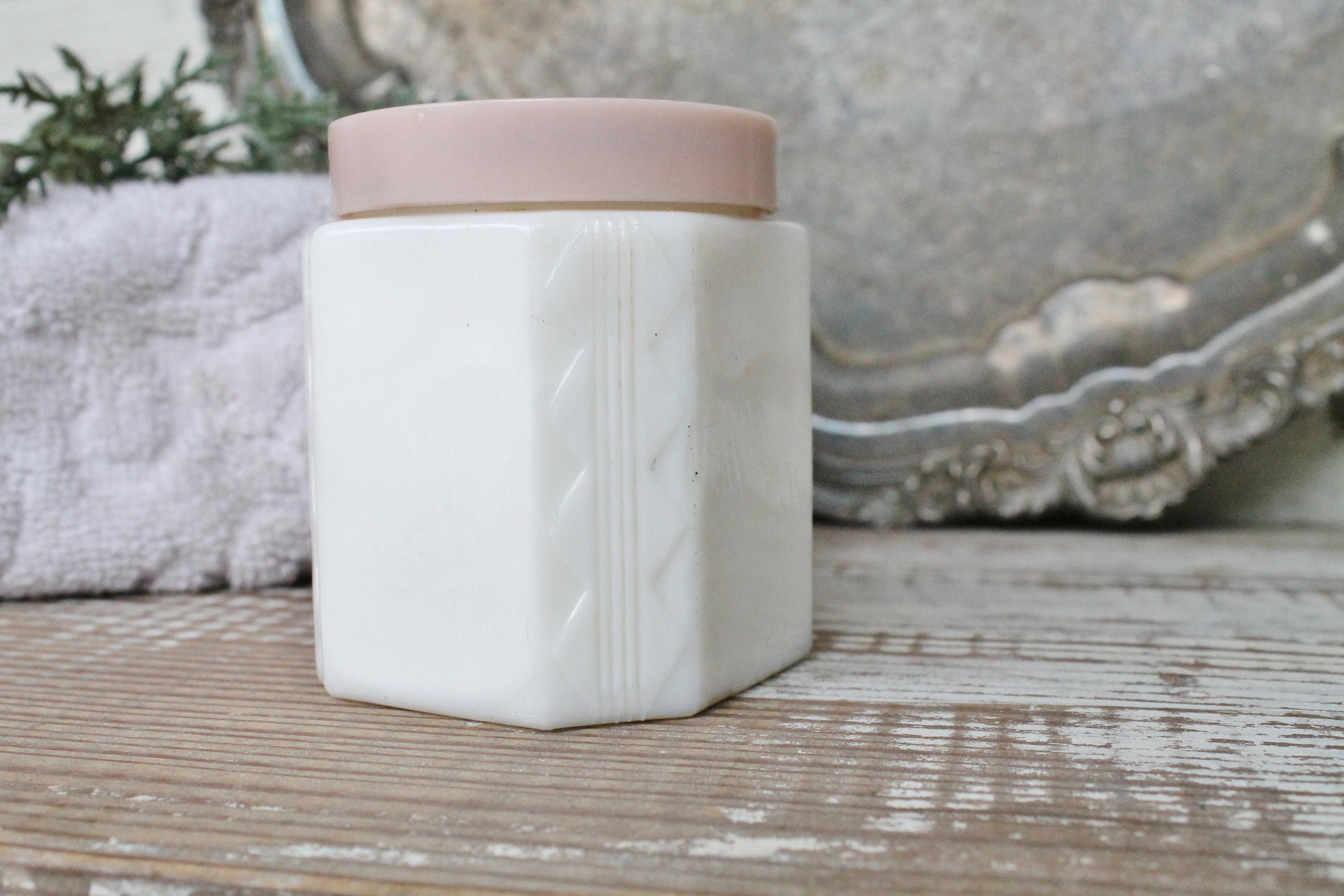 Vintage White Milk Glass Jar Vanity Jar with PINK Lid Farmhouse Decor Vanity Fixer Upper Decor