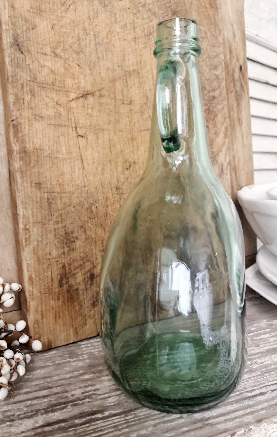 Antique Glass Demi John Bottle GREEN Farmhouse DECOR Jug