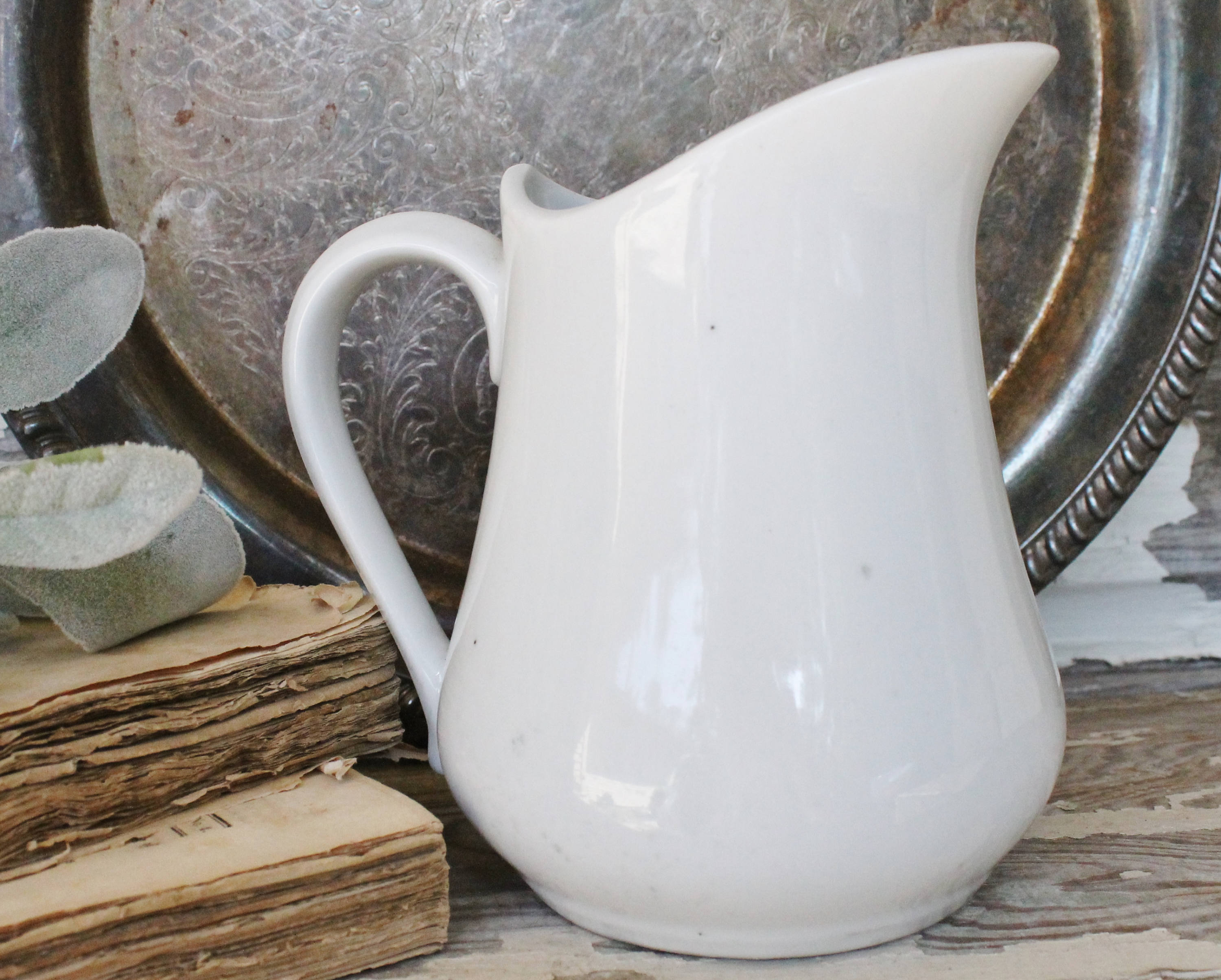 Vintage White Ironstone Pitcher Jug French Country Farmhouse Decor