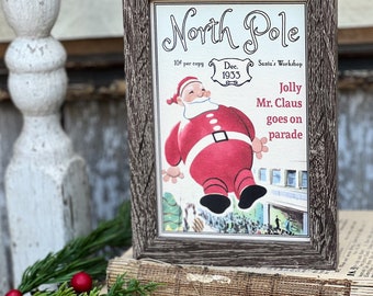 Vintage SANTA North Pole PARADE Sign Frame Farmhouse Christmas Winter Decor Barn Wood Rustic Primitive Framed Sign  Illustration Retro