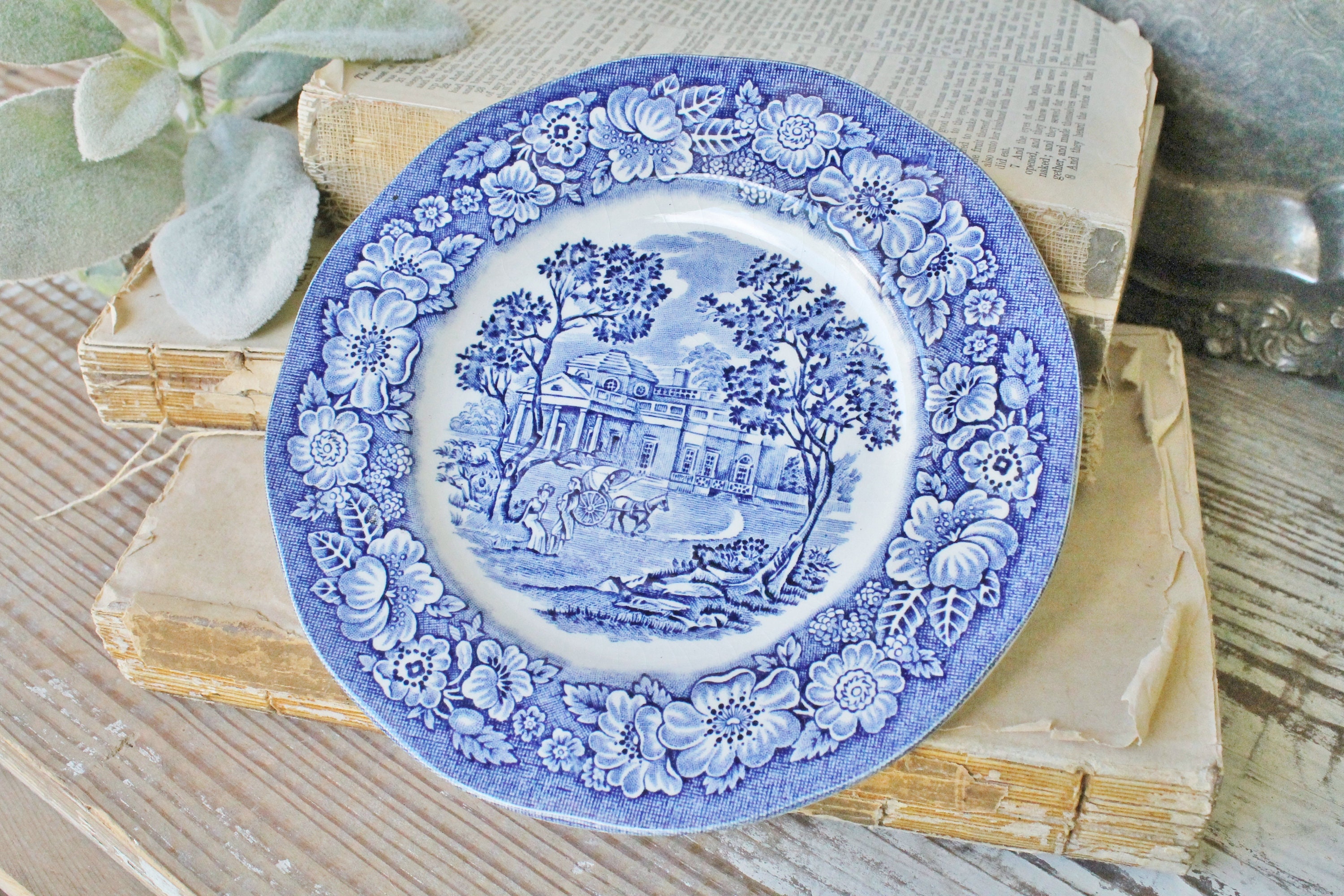 Vintage Ironstone Plate Flow Blue Liberty Blue STAFFORDSHIRE Monticello