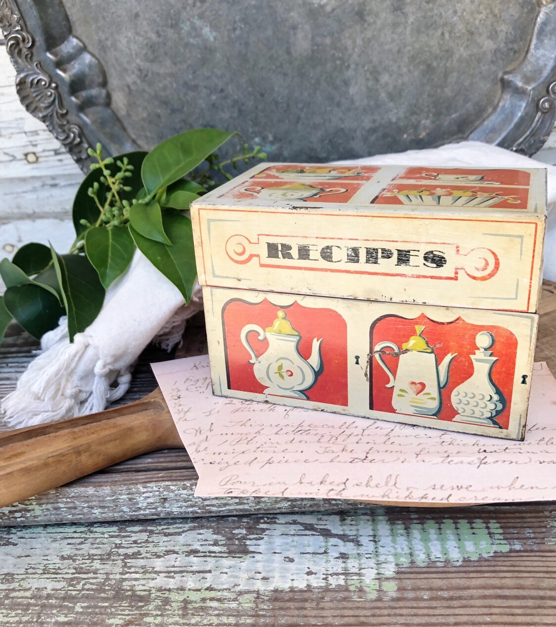 Vintage Metal Tin Recipe Box Painted Primitive Farmhouse Decor