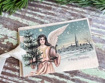 ANGEL with HARP A Merry Christmas Gift Tags Vintage Farmhouse Decor Card French Shabby Gift Wrap Christmas Tree Ornament