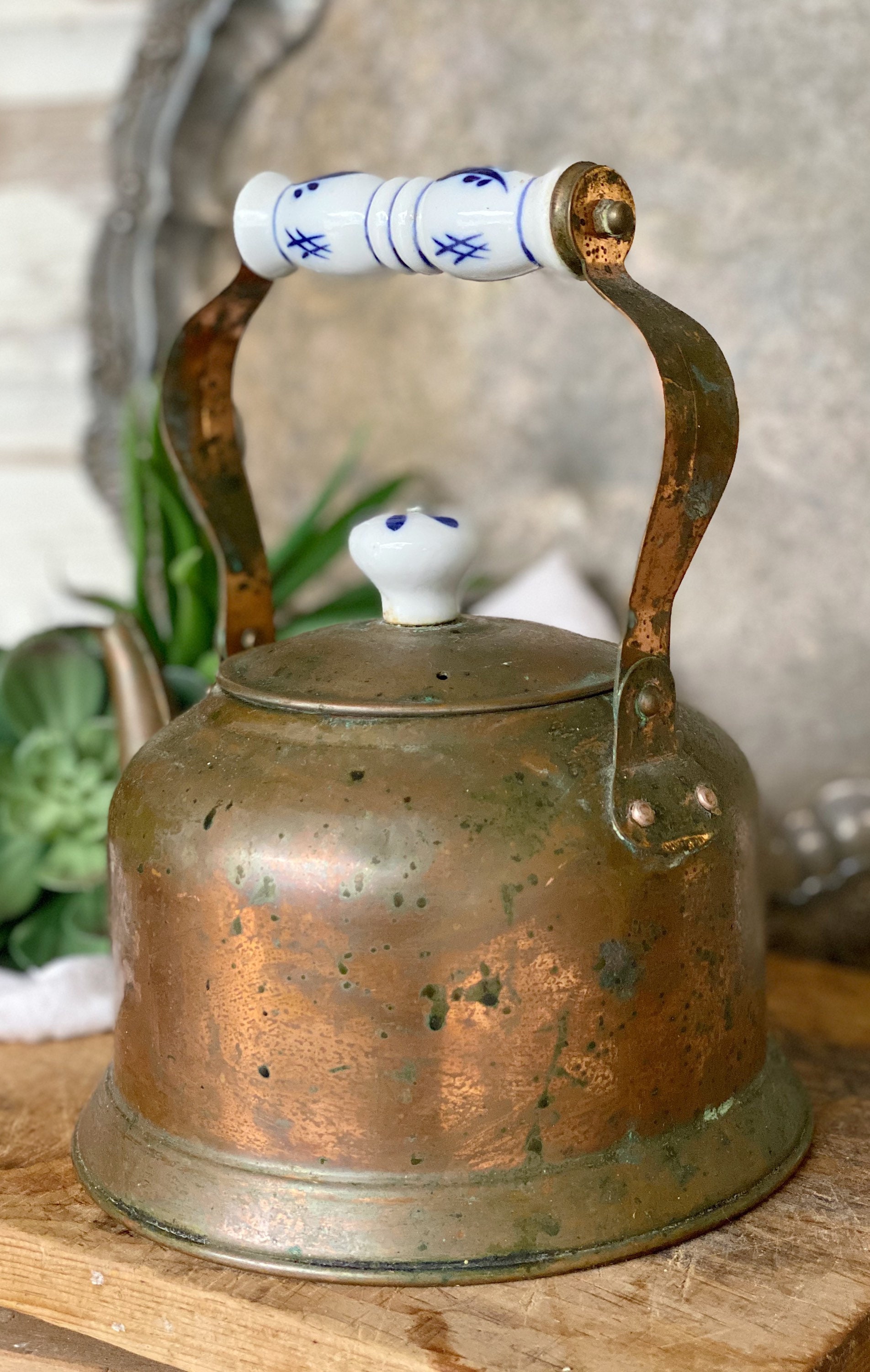 Vintage Copper Tea Pitcher Kettle Blue White Delft Handle French