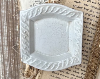 Antique White Ironstone Butter Pat SQUARE Scallop Farmhouse Decor POWELL BISHOP England Crazed Stained