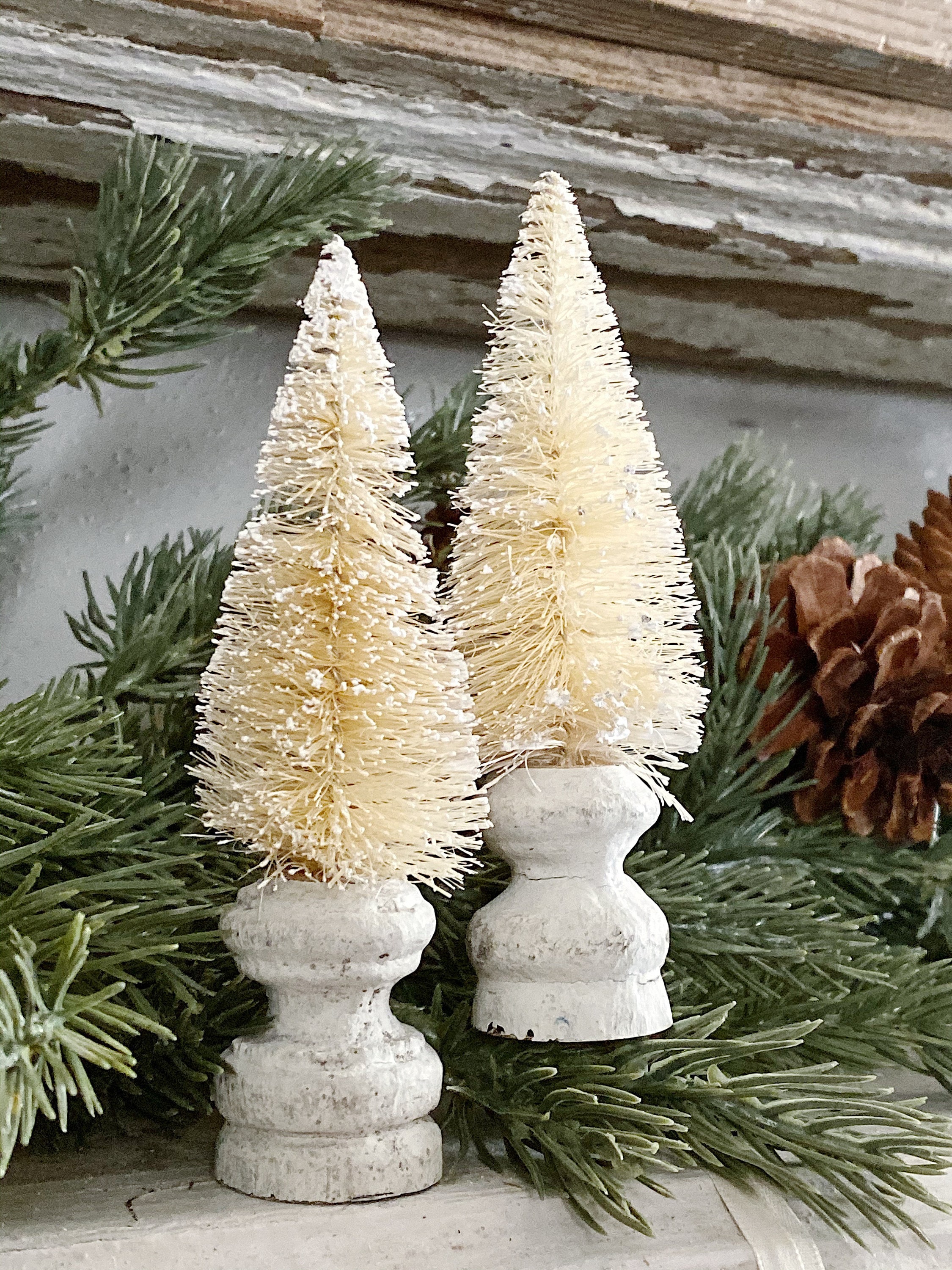 Christmas Bottle Brush Tree Salvaged Wood Base WHITE Flocked Tree
