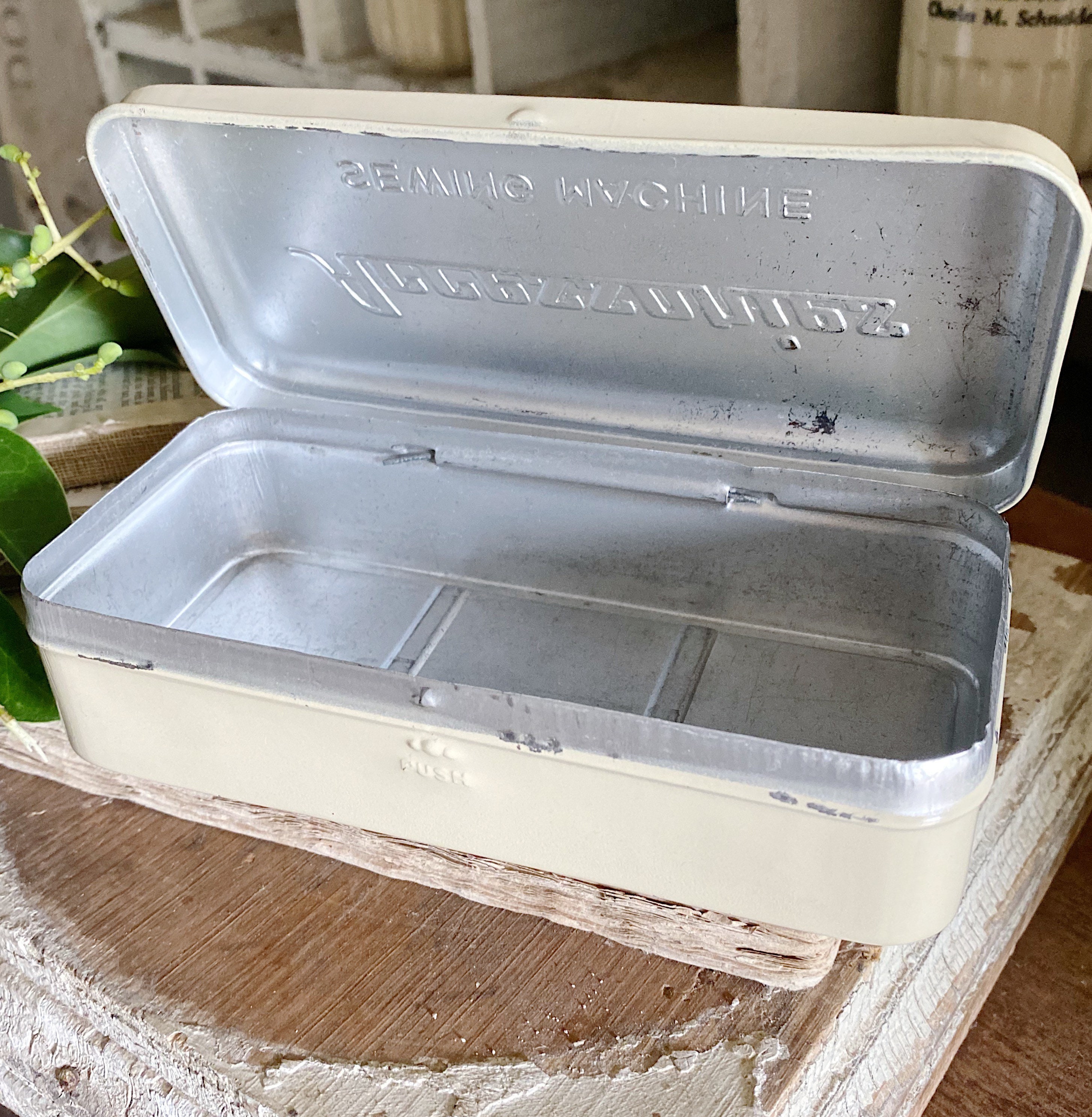 Vintage Metal ACCESSORIES Sewing Box Creamy White Black Farmhouse Decor
