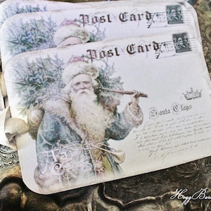 Vintage kerstcadeaukaartjes KERSTMAN met BOOM Postkaart Boerderijdecorkaart Frans Shabby Chic Cadeaupapier Primitieve kerst