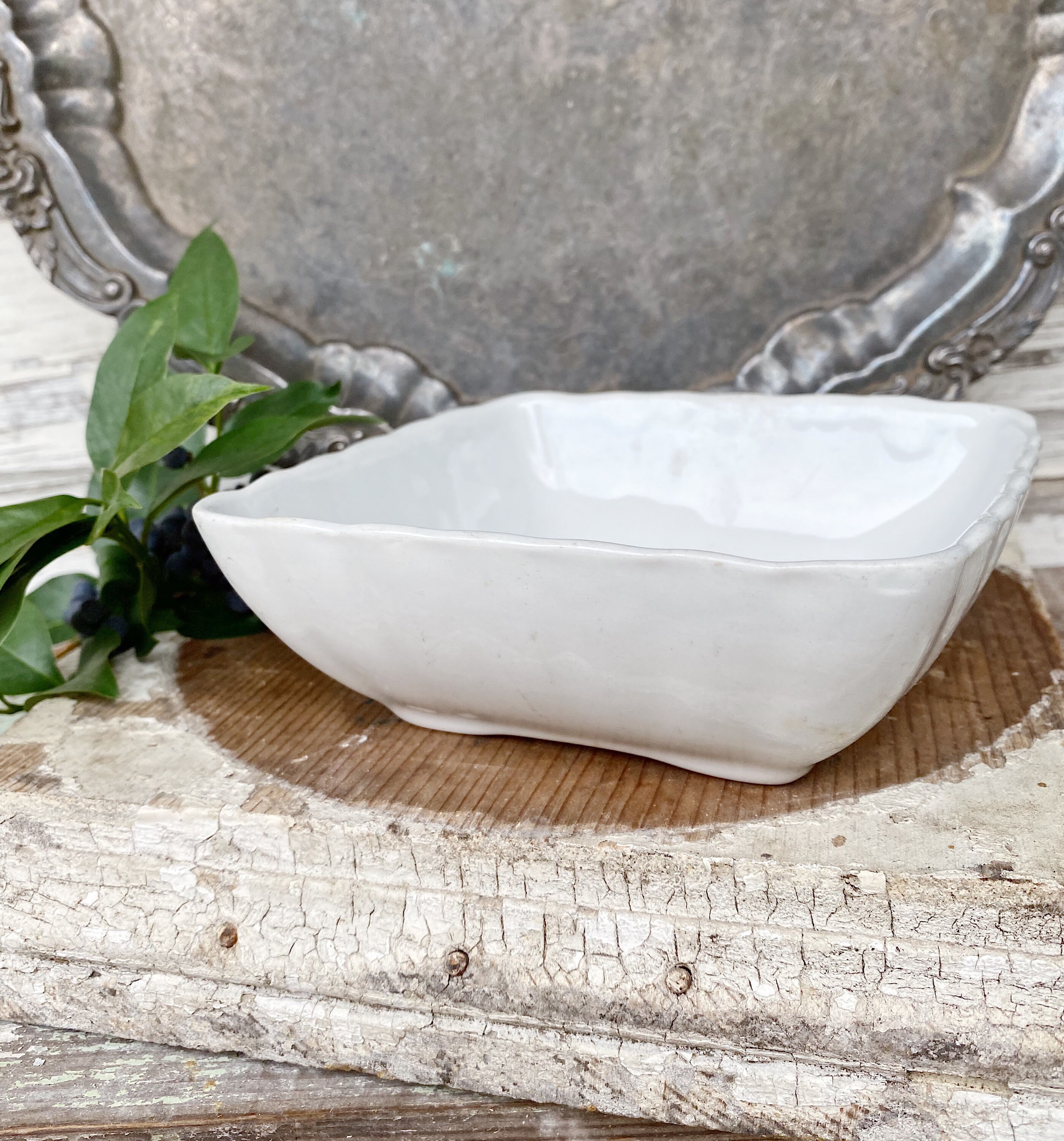 Antique White Ironstone Bowl ALFRED MEAKIN Lady Finger Scallop SQUARE