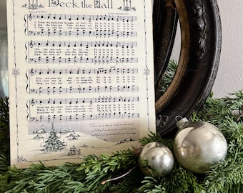 DECK THE HALLS Sign Wood Vintage Sheet Music Carol Christmas Decor Poster Farmhouse Decor Book Page Wall Art