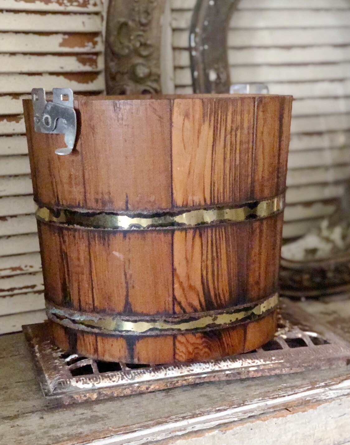 Vintage Wood Ice Cream Bucket Barrel Planter Primitive Fall Farmhouse