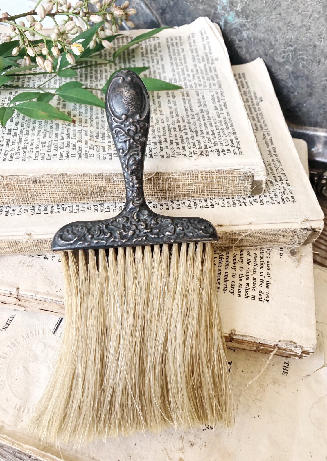 Antique Silver Whisk Crumb Broom Monogrammed Ornate Victorian Hand