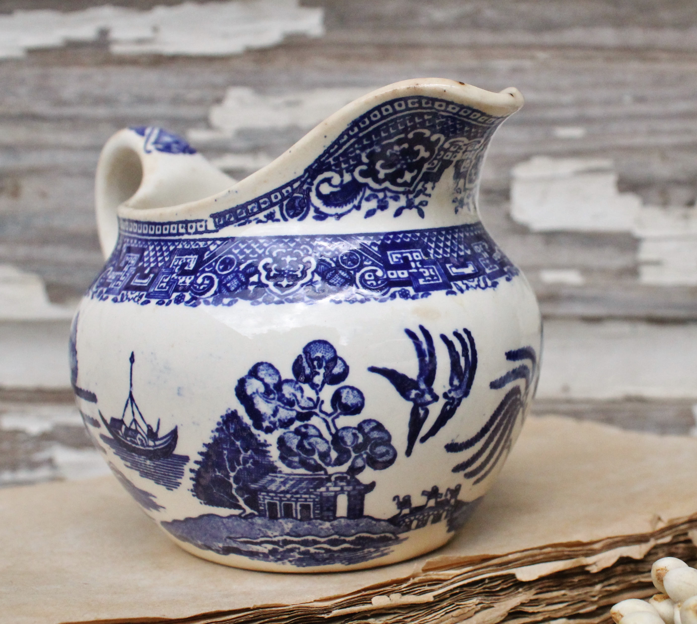 Antique Ironstone Creamer Blue Willow Flow Blue Pitcher Farmhouse