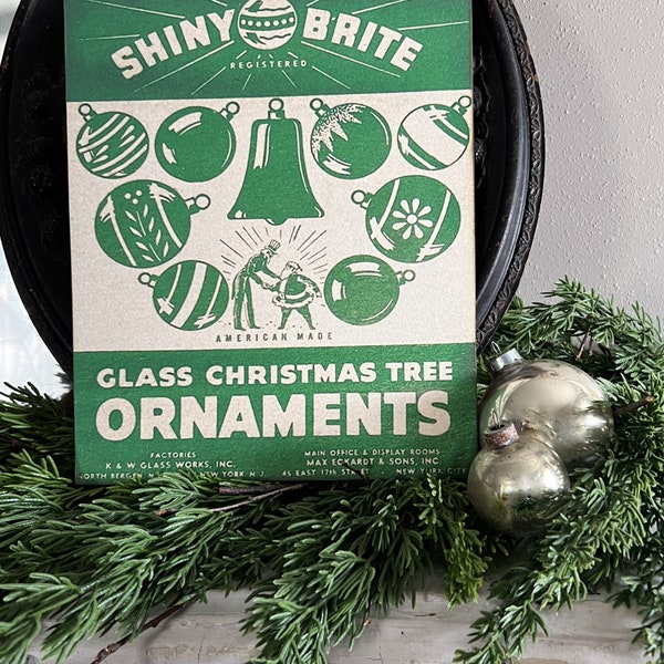 SHINY BRITE ORNAMENTS Wood Sign Green Farmhouse Christmas Decor Vintage Ornament Advertising Sign Wall Art Print