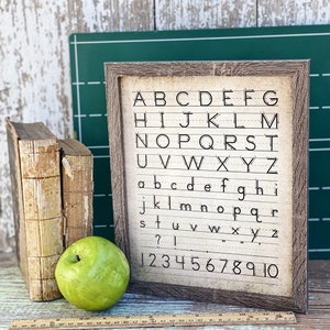 May include: A framed alphabet and number chart with a rustic wooden frame. Beside it are two antique books, a green apple, and a wooden ruler. The background includes a green chalkboard and a weathered wooden surface.
