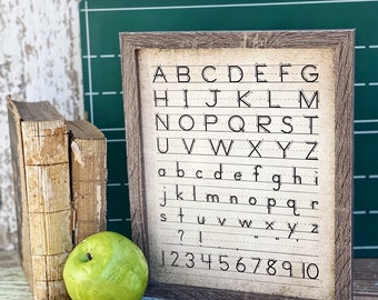 Vintage ALPHABET Wood Sign Frame Homeschool Decor Handwriting Mounted Print Farmhouse ABC Book School Page Art Nursery Primitive 123 Numbers