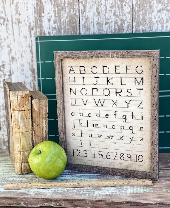 Vintage ALPHABET Wood Sign Frame Homeschool Decor Handwriting Mounted Print Farmhouse ABC Book Art Nursery Primitive  Number Back To School